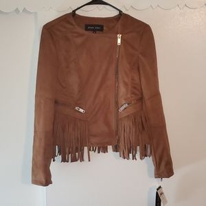 Black Rivet Collarless Fringe FauxSuede Jacket